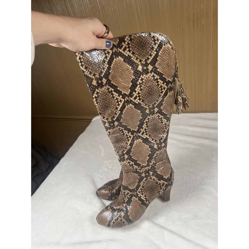 Bandolino Riding Boots Womens Size 8 Brown Snake Print Knee High Cone Heel Shoes